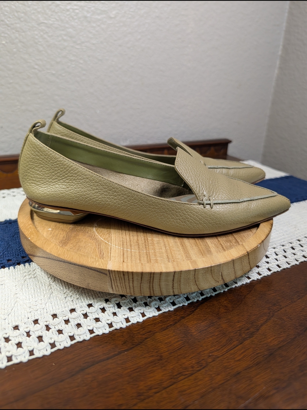 Leather Pointed Toe Slip-On Loafers in Light Olive Green And Gold Accented Heel